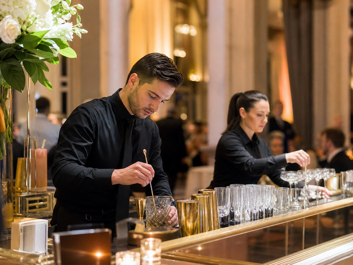 Professional bartenders preparing an elegant event bar
