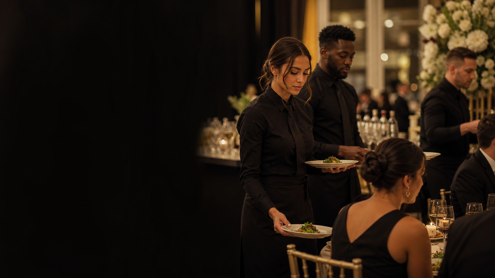 Professional hospitality team serving guests at an elegant event