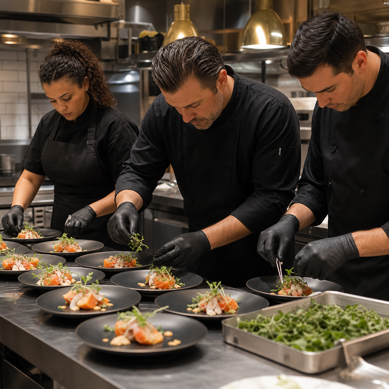 Chefs · Kitchen assistants professionals working at an upscale event