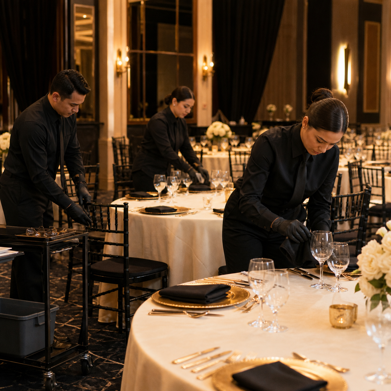 Setup · Cleaning · Breakdown professionals working at an upscale event