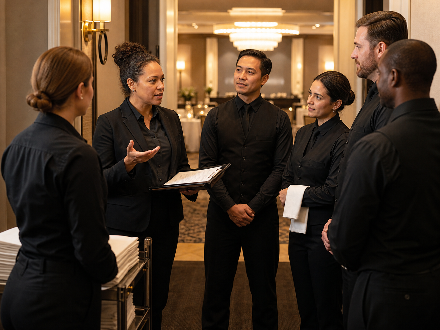 Banquet captain briefing a professional hospitality team before an event